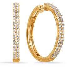 1.18CT DIAMOND 14K YELLOW GOLD 3D ROUND CLASSIC 2 ROW PAVE HOOP HANGING EARRINGS
