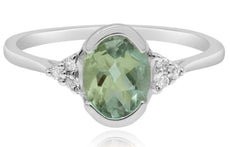 1.35CT DIAMOND & AAA GREEN AMETHYST 14KT WHITE GOLD OVAL & ROUND SEMI BEZEL RING