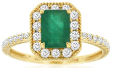 1.5CT DIAMOND & AAA EMERALD 14KT YELLOW GOLD 3D ROUND & BAGUETTE ENGAGEMENT RING