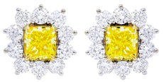 LARGE 3.15CT WHITE & FANCY YELLOW DIAMOND 18KT 2 TONE GOLD SQUARE STUD EARRINGS