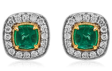 LARGE 2.03CT DIAMOND & AAA EMERALD 18KT 2 TONE GOLD SQUARE & ROUND STUD EARRINGS