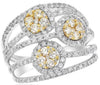 LARGE 1.28CT WHITE & FANCY YELLOW DIAMOND 18K 2 TONE GOLD CLUSTER MULTI ROW RING
