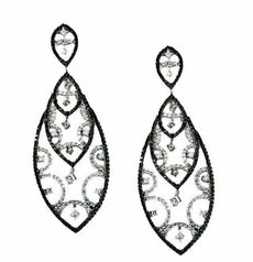 ESTATE 3.90CT WHITE & BLACK DIAMOND 14K WHITE GOLD 3D TEAR DROP HANGING EARRINGS
