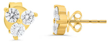 .25CT DIAMOND 14K YELLOW GOLD 3D ROUND 3 STONE SHARED PRONG FLORAL STUD EARRINGS