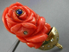 ANTIQUE MASSIVE .8CT DIAMOND & AAA SAPPHIRE CORAL 14K YELLOW GOLD BROOCH PENDANT