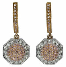 ESTATE .76CT WHITE & PINK DIAMOND 18K WHITE & ROSE GOLD HEXAGON HANGING EARRINGS