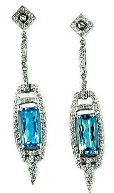 ESTATE 4.9CT DIAMOND & AAA BLUE TOPAZ 14K WHITE GOLD CHANDELIER HANGING EARRINGS