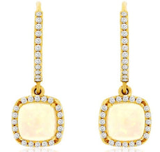 1.45CT DIAMOND & AAA OPAL 14KT YELLOW GOLD SQUARE & ROUND HALO HANGING EARRINGS