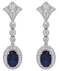 LARGE 8.48CT DIAMOND & AAA SAPPHIRE 18KT WHITE GOLD OVAL & ROUND CROWN EARRINGS