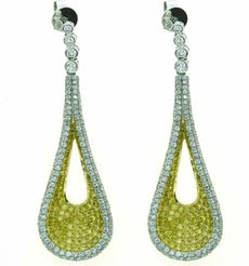 LARGE 4.47CT WHITE & FANCY YELLOW DIAMOND 18K 2 TONE GOLD COVET HANGING EARRINGS