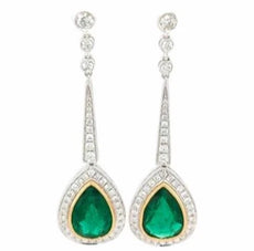 7.14CT DIAMOND & AAA EMERALD 18K 2 TONE GOLD PEAR SHAPE & ROUND HANGING EARRINGS