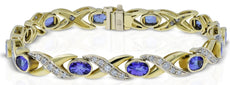 5.70CT DIAMOND & AAA TANZANITE 14KT 2 TONE GOLD OVAL & ROUND XO TENNIS BRACELET