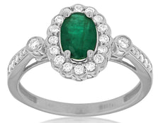 1.04CT DIAMOND & AAA EMERALD 14KT WHITE GOLD OVAL & ROUND FLOWER SEMI BEZEL RING
