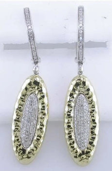.41CT DIAMOND 14KT TWO TONE GOLD OVAL HAMMERED LOOK DESIGN FUN HANGING EARRINGS
