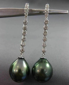 ESTATE LARGE .36CT DIAMOND 18KT WHITE GOLD AAA TAHITIAN PEARL ELONGATED EARRINGS