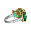 13.27CT DIAMOND & AAA EMERALD 18KT 2 TONE GOLD SQUARE & ROUND 3 STONE HALO RING