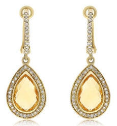 .54CT DIAMOND & AAA CITRINE 14KT YELLOW GOLD PEAR SHAPE & ROUND HANGING EARRINGS