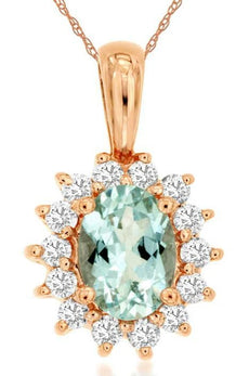 .98CT DIAMOND & AAA AQUAMARINE 14KT ROSE GOLD 3D OVAL & ROUND FLOATING PENDANT