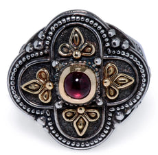 AAA GARNET 18K YELLOW GOLD & 925 SILVER HANDCRAFTED FILIGREE FLORAL CROSS RING