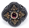 AAA GARNET 18K YELLOW GOLD & 925 SILVER HANDCRAFTED FILIGREE FLORAL CROSS RING