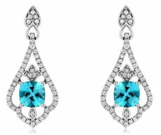 ESTATE 1.78CT DIAMOND & AAA BLUE TOPAZ 14K WHITE GOLD TEAR DROP HANGING EARRINGS