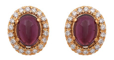 .3CT DIAMOND & AAA CABOCHON RUBY 18K YELLOW GOLD OVAL & ROUND HALO STUD EARRINGS