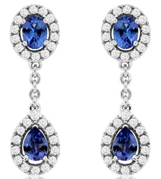 .96CT DIAMOND & AAA TANZANITE 14KT WHITE GOLD TEAR DROP FLOWER HANGING EARRINGS