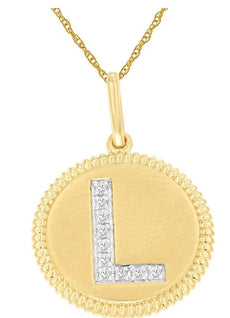 .05CT DIAMOND 14K 2 TONE GOLD L INITIAL ROUND MATTE & SHINY FUN FLOATING PENDANT