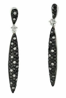 1.13CT WHITE & BLACK DIAMOND 14K WHITE GOLD ELONGATED TEAR DROP HANGING EARRINGS