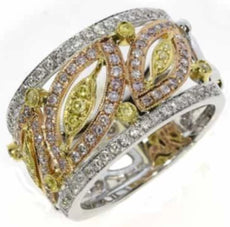 .68CT WHITE PINK & FANCY YELLOW DIAMOND 18KT TRI COLOR GOLD 3D MULTI LEAF RING