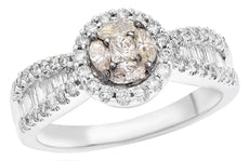 1.02CT WHITE & MOCHA DIAMOND 14KT WHITE GOLD MULTI SHAPE FLOWER FRIENDSHIP RING