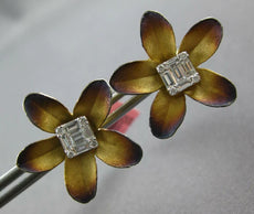 LARGE .40CT DIAMOND 18KT 2 TONE GOLD 3D CLASSIC ROSE FLOWER SQUARE STUD EARRINGS