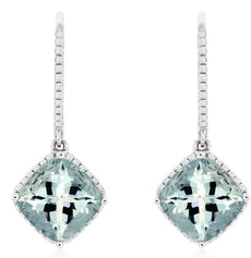LARGE 3.96CT DIAMOND & AAA AQUAMARINE 14KT WHITE GOLD CUSHION HANGING EARRINGS