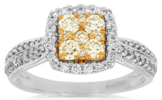 0.74CT WHITE & FANCY YELLOW DIAMOND 14KT 2 TONE GOLD CLUSTER FRIENDSHIP LOVE RING