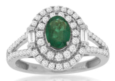 1.26CT DIAMOND & AAA EMERALD 14KT WHITE GOLD 3D OVAL DOUBLE HALO ENGAGEMENT RING