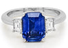 3.11CT DIAMOND & AAA SAPPHIRE 18K WHITE GOLD EMERALD CUT & BAGUETTE 3 STONE RING