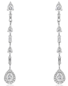 1.60CT DIAMOND 14K WHITE GOLD ROUND & BAGUETTE HALO BY THE YARD HANGING EARRINGS