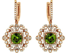 2.80CT DIAMOND AAA PERIDOT 14K ROSE GOLD CUSHION & ROUND FLOWER HANGING EARRINGS