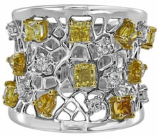 EXTRA LARGE 2.33CT WHITE & FANCY YELLOW DIAMOND 18K 2 TONE GOLD MULTI SHAPE RING