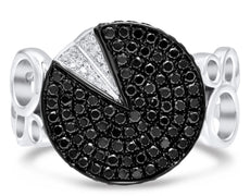 ESTATE WIDE .86CT WHITE & BLACK DIAMOND 14KT WHITE GOLD PIZZA PIE FUN RING