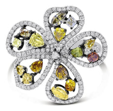 LARGE 3.45CT WHITE & MULTI COLOR MULTI SHAPE DIAMOND 18KT WHITE GOLD FLOWER RING