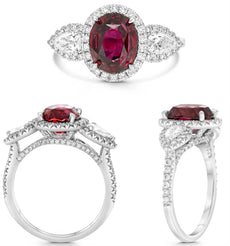 4.17CT DIAMOND & AAA RUBY PLATINUM 3D OVAL & PEAR SHAPE 3 STONE ENGAGEMENT RING