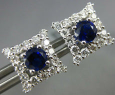 ESTATE 1.25CT DIAMOND & AAA SAPPHIRE 18K WHITE GOLD SQUARE CLASSIC STUD EARRINGS