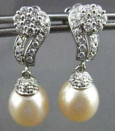 ESTATE .60CT DIAMOND & PEARL 14KT WHITE GOLD 3D FLOWER HANGING EARRINGS #22109
