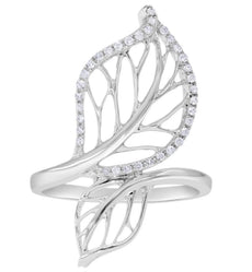 ESTATE LARGE .19CT DIAMOND 14KT WHITE GOLD DOUBLE LEAF CRISS CROSS FUN LOVE RING