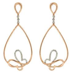 LARGE .20CT DIAMOND 14KT ROSE GOLD 3D ROUND BUTTERFLY TEAR DROP HANGING EARRINGS