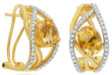 2.63CT DIAMOND & AAA CITRINE 14KT YELLOW GOLD OVAL & ROUND LEAF HANGING EARRINGS