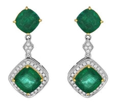 LARGE 11.99CT DIAMOND & AAA EMERALD 18KT 2 TONE GOLD 3D CUSHION & ROUND EARRINGS