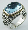 ESTATE LARGE 9CT AAA BLUE TOPAZ 14KT YELLOW GOLD & 925 SILVER FILIGREE FUN RING