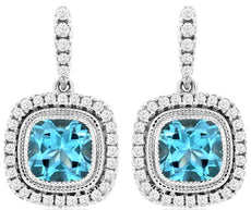 LARGE 2.78CT DIAMOND & AAA BLUE TOPAZ 14K WHITE GOLD 3D CUSHION & ROUND EARRINGS